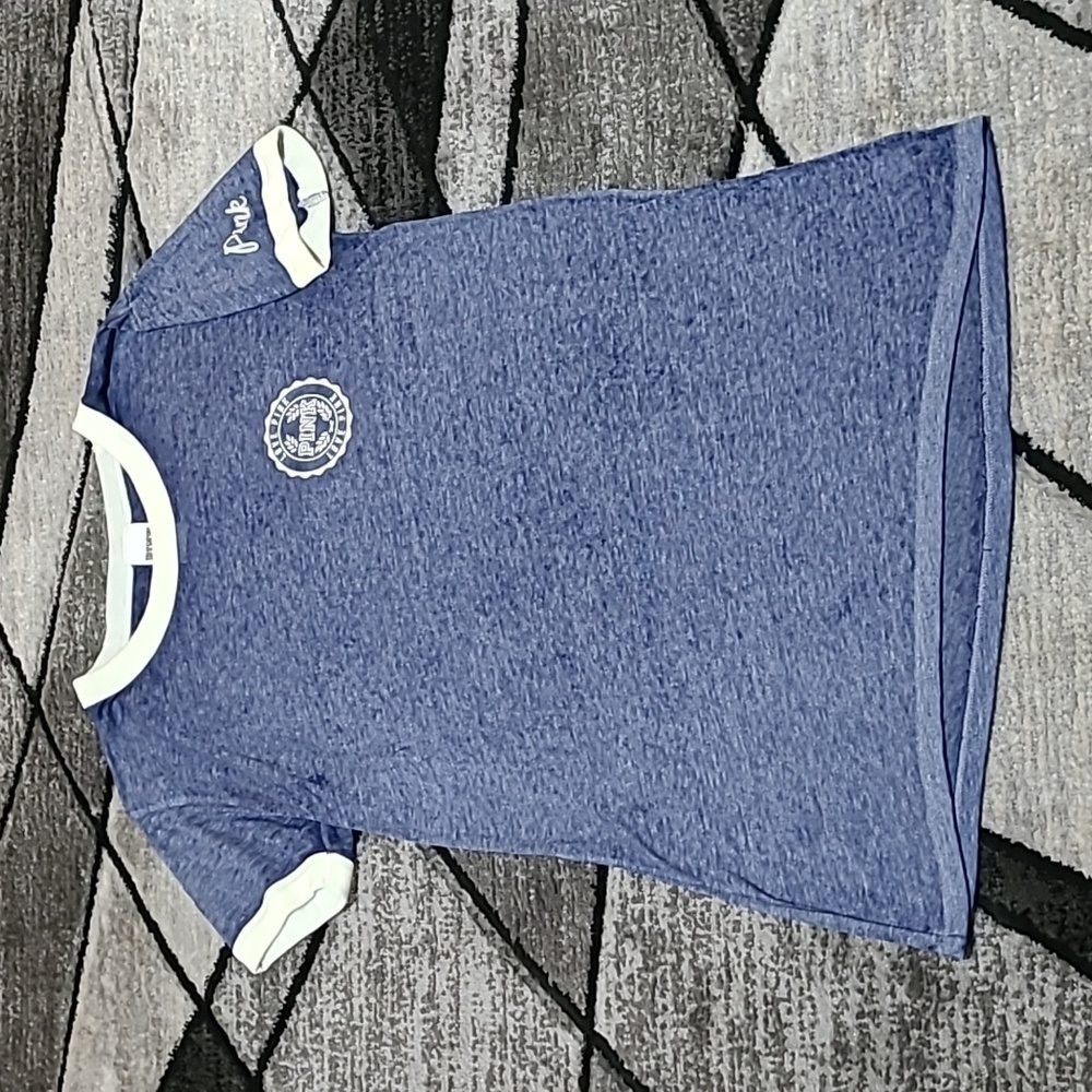 VS PINK 2016 RINGER CREW-NECK BLUE BURN-OUT LOGO TEE-SHIRT PRICE FIRM
